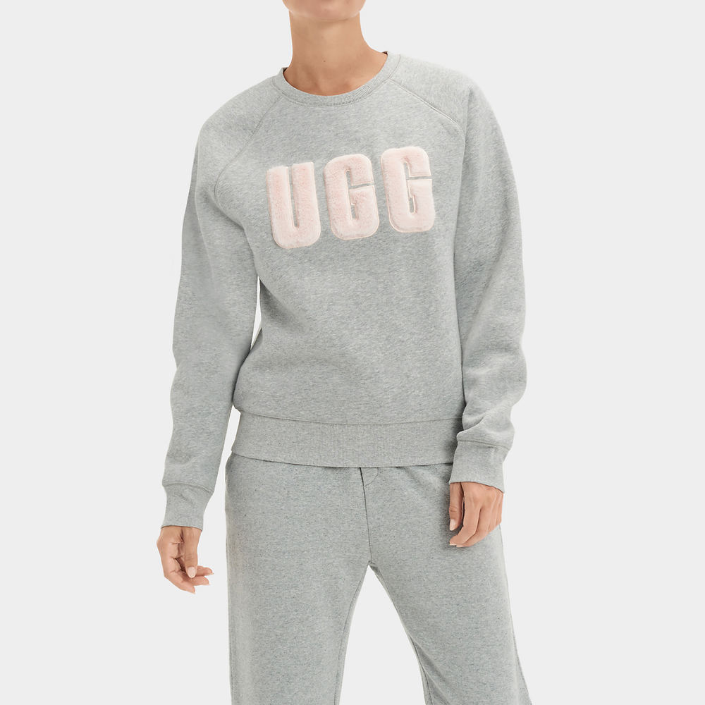 UGG Women's Madeline Fuzzy Logo Crewneck Grey Knit Tops 3X