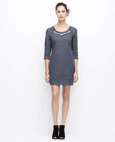 Ann Taylor Petite Embellished Sweatshirt Dress, Heather Dark Sky - ExtraLarge