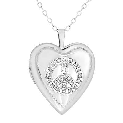 Love Story Lockets Diamond Accent Peace Sign Locket Necklace Platinum ...