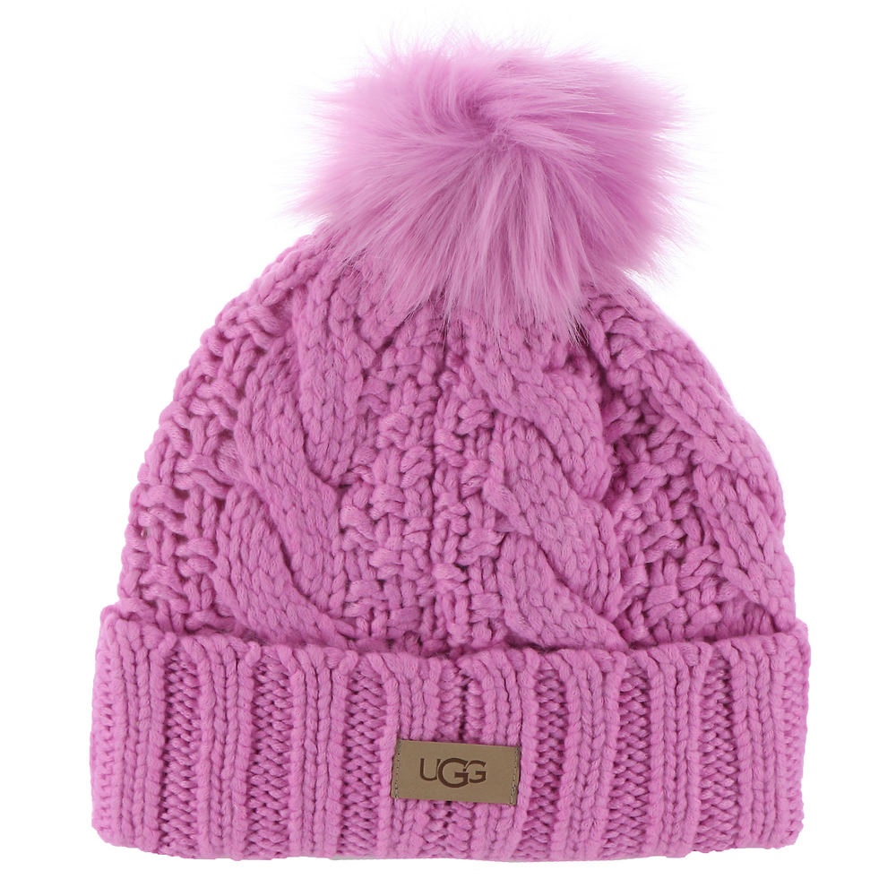 UGG Women's Knit Cable Beanie with Pom Pink Hats One Size -  191459183939