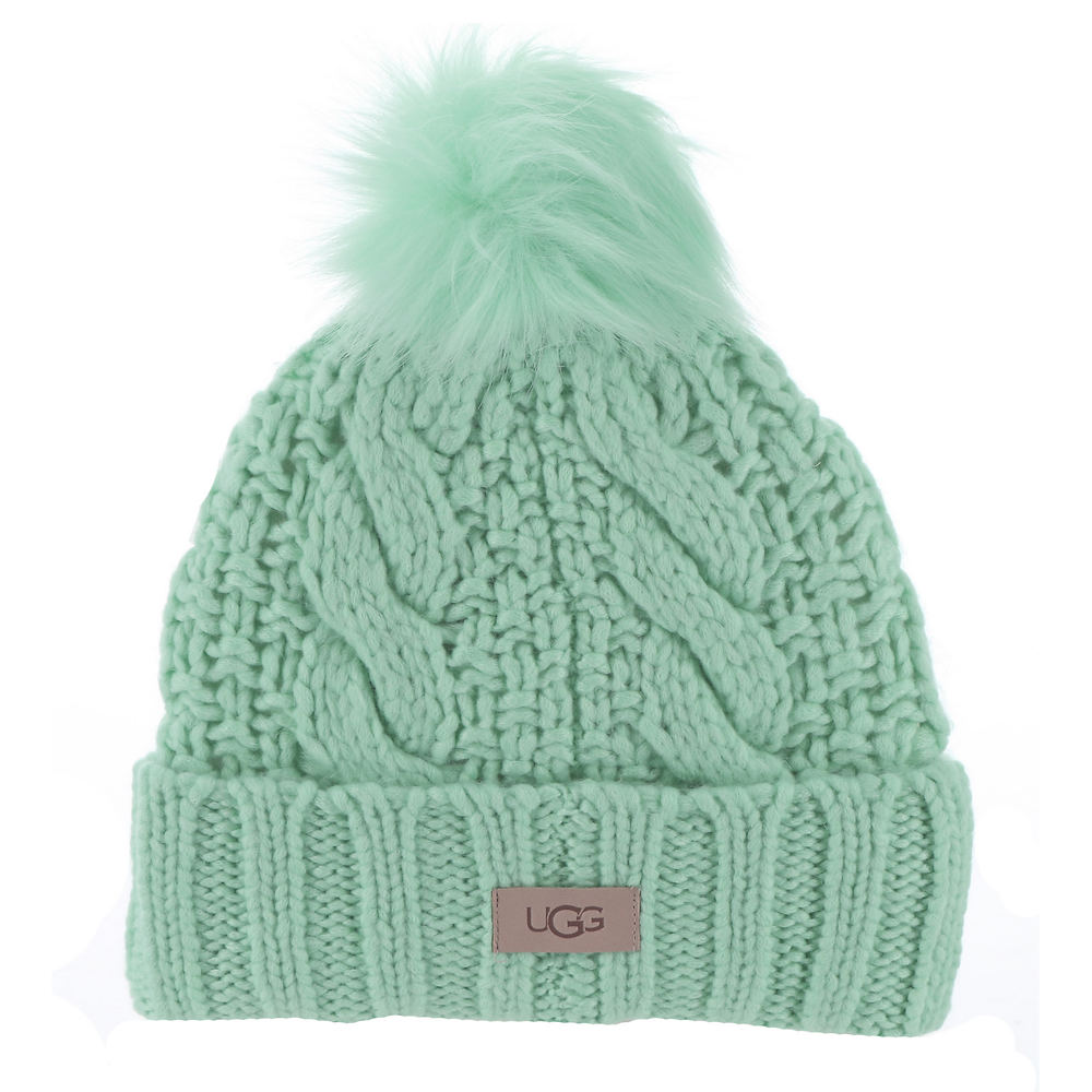 UGG Women's Knit Cable Beanie with Pom Green Hats One Size -  191459183922