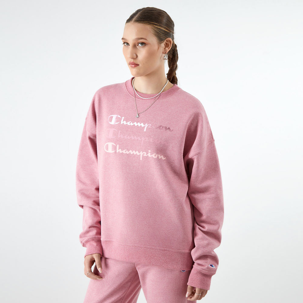 Champion Women's Powerblend Relaxed Stacked Foil Logo Crew Pink Knit Tops S -  196739241460