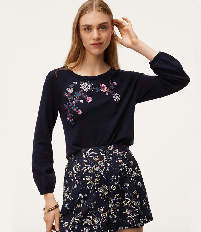 Primary Image of Floral Embroidered Puff Cuff Sweater