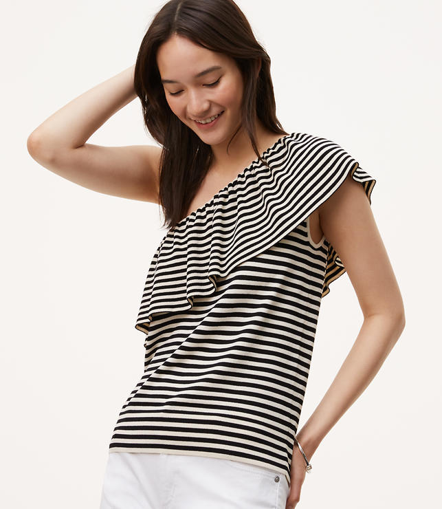 Primary Image of Striped Ruffle One Shoulder Sweater