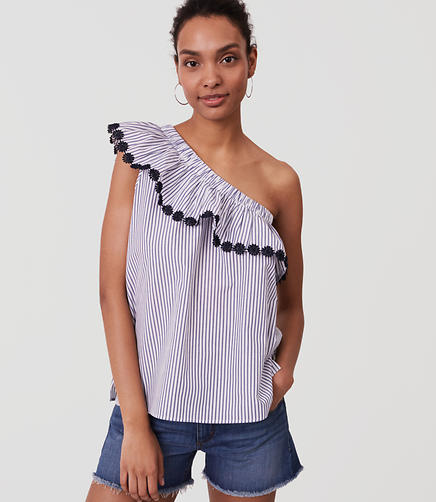 Image of Floral Lace Striped One Shoulder Top