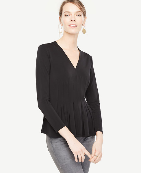 ANN TAYLOR Petite Pleated Flare Top in Black | ModeSens