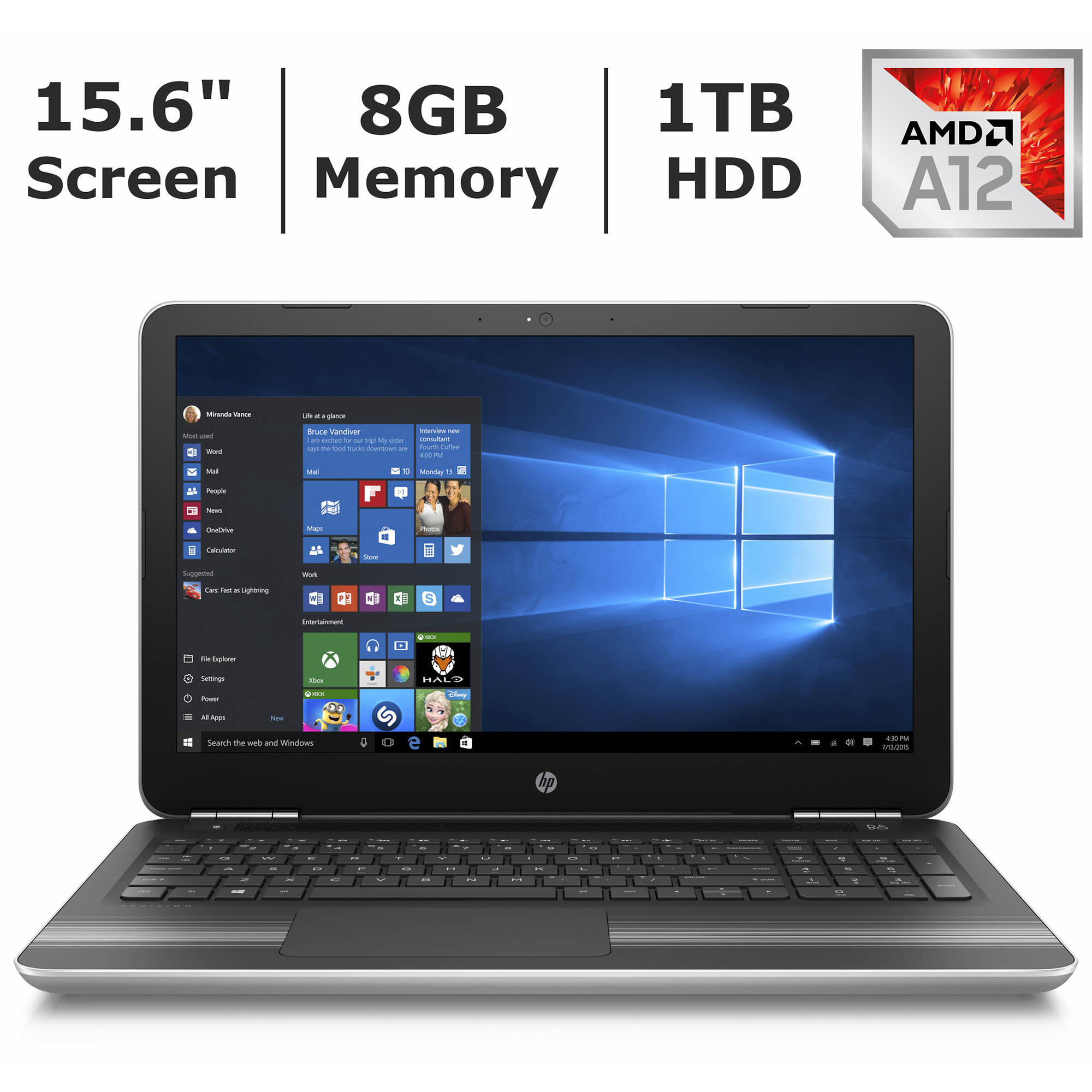 HP Pavilion 15-aw094nr Laptop, 7th Gen AMD A12, 8GB RAM, 1TB HDD